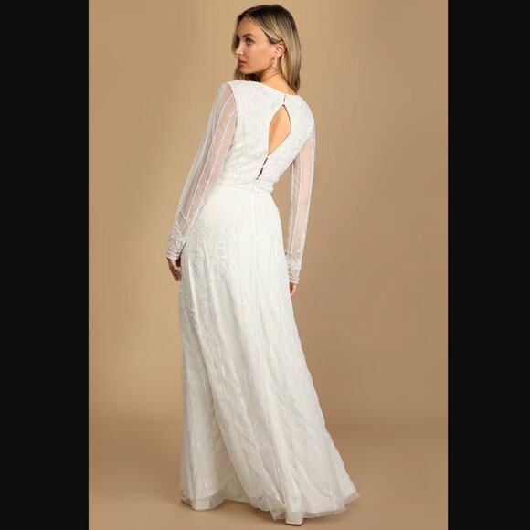 NWT - Lulus Luxe Bridal - White Beaded Long Sleeve Maxi Dress - Size Small - Picture 4 of 15